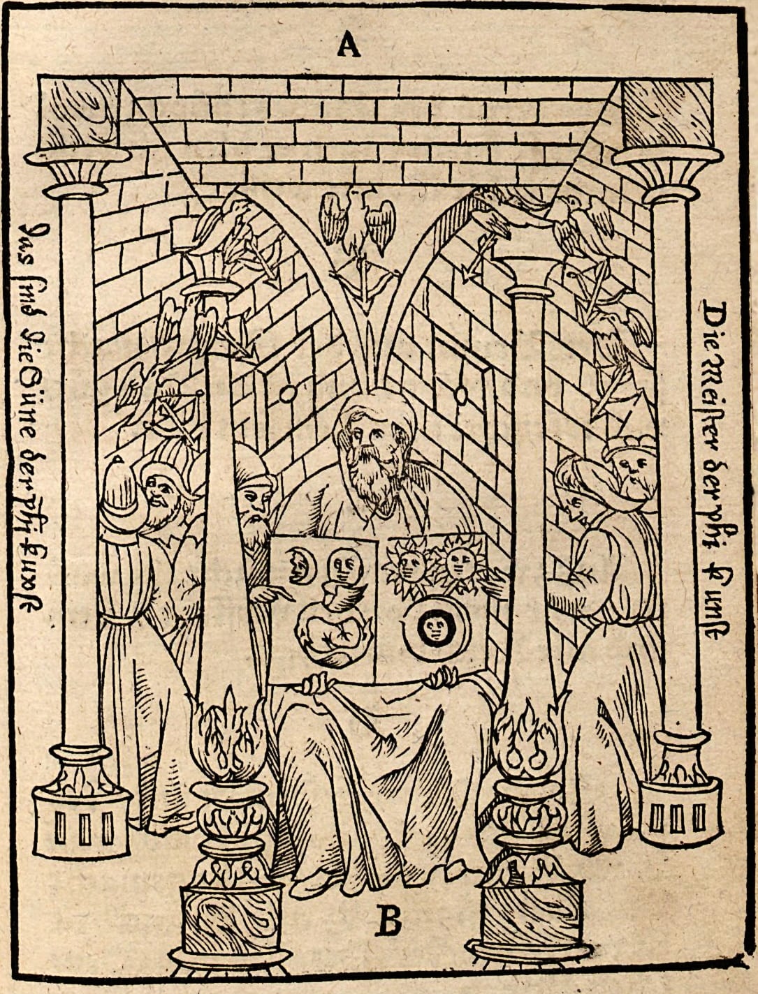 Hermes Trismegistus bir kemer altında oturmuş, Zümrüt Tablet ile, 1550 tarihli alegorik gravür